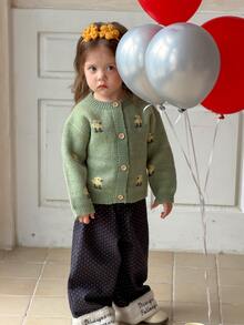 DAZY Infant (Girl) Round Neck Cartoon Colorblock Long Sleeve Autumn/Winter Cardigan - Green - View 3