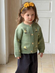 DAZY Infant (Girl) Round Neck Cartoon Colorblock Long Sleeve Autumn/Winter Cardigan - Green - View 6