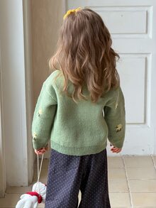 DAZY Infant (Girl) Round Neck Cartoon Colorblock Long Sleeve Autumn/Winter Cardigan - Green - View 2