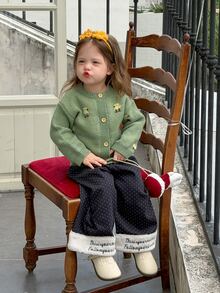 DAZY Infant (Girl) Round Neck Cartoon Colorblock Long Sleeve Autumn/Winter Cardigan - Green - View 1