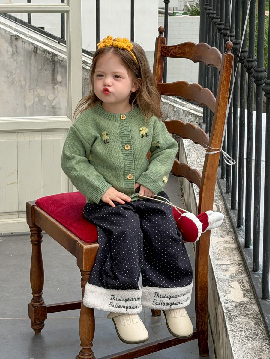 DAZY Infant (Girl) Round Neck Cartoon Colorblock Long Sleeve Autumn/Winter Cardigan - Green - View 1