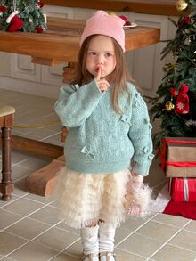 Dazy Kids Infant (Girl) Round Neck Bowknot Tie-Up Korean Style Long Sleeve Sweater Winter - Mint Green - View 7