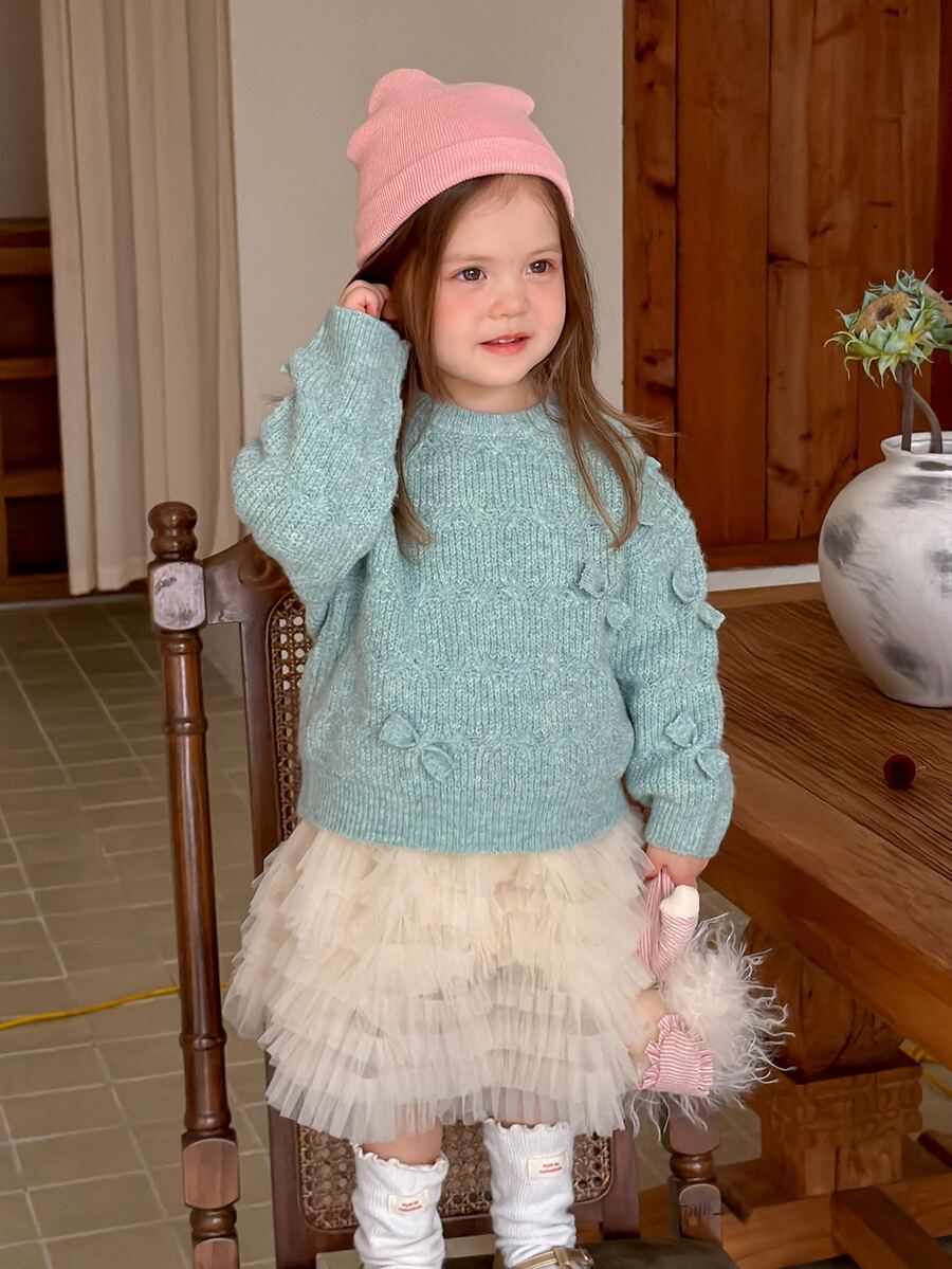 Dazy Kids Infant (Girl) Round Neck Bowknot Tie-Up Korean Style Long Sleeve Sweater Winter - Mint Green - View 1