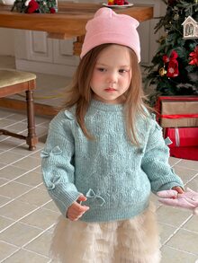 Dazy Kids Infant (Girl) Round Neck Bowknot Tie-Up Korean Style Long Sleeve Sweater Winter - Mint Green - View 6