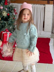 Dazy Kids Infant (Girl) Round Neck Bowknot Tie-Up Korean Style Long Sleeve Sweater Winter - Mint Green - View 4
