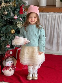 Dazy Kids Infant (Girl) Round Neck Bowknot Tie-Up Korean Style Long Sleeve Sweater Winter - Mint Green - View 3