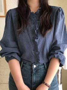 Dazy Plus Korean Style Plaid Fitted V-Neck Long Sleeve Puff Sleeve Frill Trim Hem Casual Victoria Vintage Elegant Vacation Fall Blouse Shirt Brunch Birthday - Navy Blue - View 6