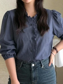 Dazy Plus Korean Style Plaid Fitted V-Neck Long Sleeve Puff Sleeve Frill Trim Hem Casual Victoria Vintage Elegant Vacation Fall Blouse Shirt Brunch Birthday - Navy Blue - View 5