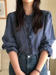 Dazy Plus Korean Style Plaid Fitted V-Neck Long Sleeve Puff Sleeve Frill Trim Hem Casual Victoria Vintage Elegant Vacation Fall Blouse Shirt Brunch Birthday - Navy Blue - View 4