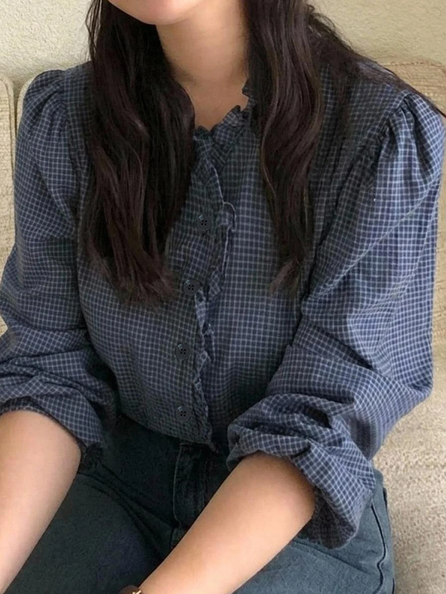 Dazy Plus Korean Style Plaid Fitted V-Neck Long Sleeve Puff Sleeve Frill Trim Hem Casual Victoria Vintage Elegant Vacation Fall Blouse Shirt Brunch Birthday - Navy Blue - View 1