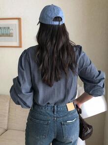 Dazy Plus Korean Style Plaid Fitted V-Neck Long Sleeve Puff Sleeve Frill Trim Hem Casual Victoria Vintage Elegant Vacation Fall Blouse Shirt Brunch Birthday - Navy Blue - View 2