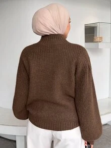 DAZY 女款純色立領長袖寬鬆休閒毛衣 冬季 - 棕色 - 查看 2