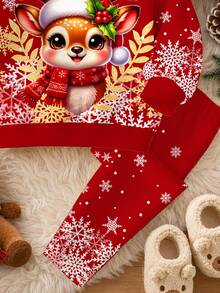 聖誕快樂，女嬰休閒可愛卡通聖誕馴鹿圖案、波點雪花、聖誕紅節慶抓絨內裡厚款圓領長袖衛衣與內搭褲，適合秋冬、秋季風格、秋季穿搭、舒適 - 彩色 - 查看 5
