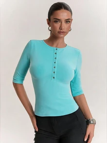 SHEIN BAE Women's Solid Color Button Half-Placket 3/4 Sleeve Casual Top Fall Clothes, Summer, Winter Clothes Brunch Teal Blue - Mint Blue - View 3