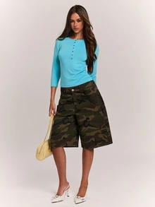 SHEIN BAE Women's Solid Color Button Half-Placket 3/4 Sleeve Casual Top Fall Clothes, Summer, Winter Clothes Brunch Teal Blue - Mint Blue - View 7