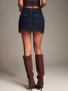 SHEIN BAE Women's Lace Hem Button Zipper Going Out Work Denim Skirt - Dark Wash - View 2
