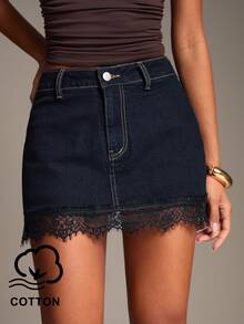 SHEIN BAE Women's Lace Hem Button Zipper Going Out Work Denim Skirt - Dark Wash - View 6