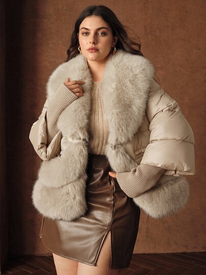 Anewsta Plus Size Luxury V-Neck Patchwork Fur Collar Fashion Knit Sleeve Loose Thick Coat, Autumn, Fall, Winter, Going Out, Elegant, Formal, Party, Chic, New Year, Women's Winter Coat, Christmas, Work, Graduation, Wedding