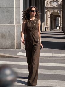 Anewsta Women Two Pieces Outfits Cocktail Dinner Dark Chocolate Elegant Beaded Floral Embellishment - Coffee Brown - View 6