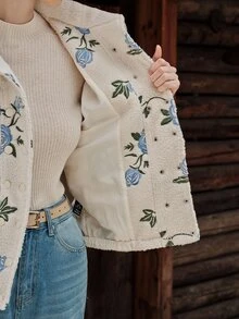 Anewsta Women's New Autumn/Winter Fleece Embroidered Rose Jacket, Casual Daily Wear Thick Outerwear - Apricot - View 9