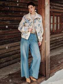 Anewsta Women's New Autumn/Winter Fleece Embroidered Rose Jacket, Casual Daily Wear Thick Outerwear - Apricot - View 3