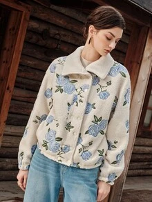 Anewsta Women's New Autumn/Winter Fleece Embroidered Rose Jacket, Casual Daily Wear Thick Outerwear - Apricot - View 5
