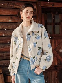 Anewsta Women's New Autumn/Winter Fleece Embroidered Rose Jacket, Casual Daily Wear Thick Outerwear - Apricot - View 8