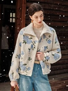 Anewsta Women's New Autumn/Winter Fleece Embroidered Rose Jacket, Casual Daily Wear Thick Outerwear - Apricot - View 6
