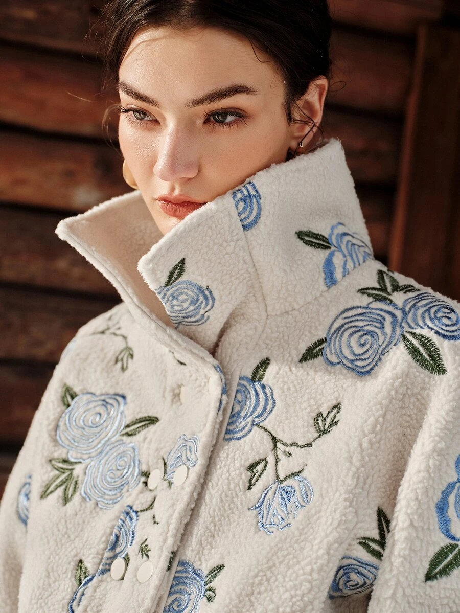 Anewsta Women's New Autumn/Winter Fleece Embroidered Rose Jacket, Casual Daily Wear Thick Outerwear - Apricot - View 1