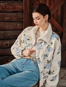 Anewsta Women's New Autumn/Winter Fleece Embroidered Rose Jacket, Casual Daily Wear Thick Outerwear - Apricot - View 4