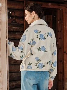 Anewsta Women's New Autumn/Winter Fleece Embroidered Rose Jacket, Casual Daily Wear Thick Outerwear - Apricot - View 7