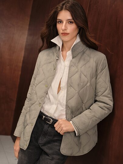Anewsta Chaqueta de mujer vintage con efecto desgastado, patrón de diamantes acolchados, cintura ceñida y cuello alto, otoño/invierno