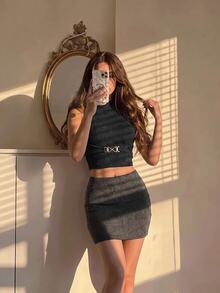 SHEIN MOD Women's 2pcs Ribbed Knit Solid Metal Buckle Mock Neck Sleeveless Slim Fit Crop Tank Top Set Black Grey Coquette Sweet Y2K For Christmas Party Fall - Multicolor - View 8