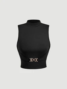 SHEIN MOD Women's 2pcs Ribbed Knit Solid Metal Buckle Mock Neck Sleeveless Slim Fit Crop Tank Top Set Black Grey Coquette Sweet Y2K For Christmas Party Fall - Multicolor - View 13