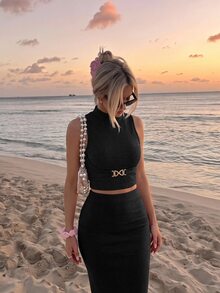 SHEIN MOD Women's 2pcs Ribbed Knit Solid Metal Buckle Mock Neck Sleeveless Slim Fit Crop Tank Top Set Black Grey Coquette Sweet Y2K For Christmas Party Fall - Multicolor - View 4