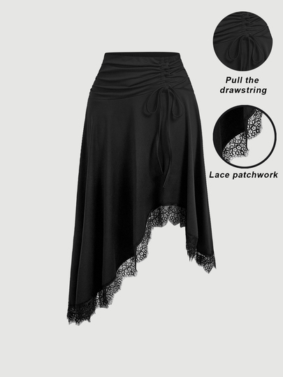 SHEIN MOD Stylish Black Asymmetrical Skirt With Drawstring Waist And Delicate Lace Detail For Women,Asymmetrical Skirt,Gothic Skirt,Halloween Halloween Skirt