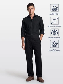 TekDrob WaterProof Pleated Pants With Smartphone Pocket And Stretch Waistband With Hidden Internal Drawcord - Black - View 3