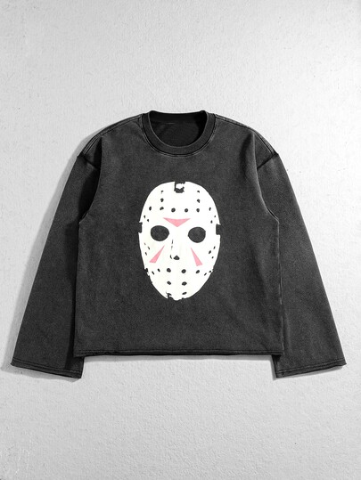 Friday the 13th X ROMWE Herren Lässig Minimalistisches Co-Branded Rundhals Langarm T-Shirt
