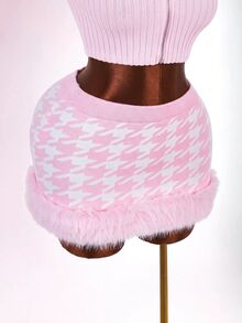 Amplova Women's Houndstooth Plush Patchwork Casual Versatile Knitted Mini Skirt - Pink - View 10