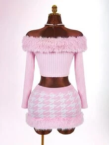 Amplova Women's Houndstooth Plush Patchwork Casual Versatile Knitted Mini Skirt - Pink - View 11