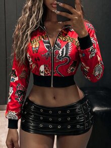 Amplova Halloween Pattern Style Full-Print Front And Center Zipper Shortened Sexy Campus Party Event Street Style Lady's Hoodie - Beige - View 2