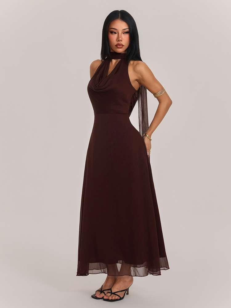 SHEIN PETITE Women's Solid Color Elegant Draped Neck Dress - Brown - View 4