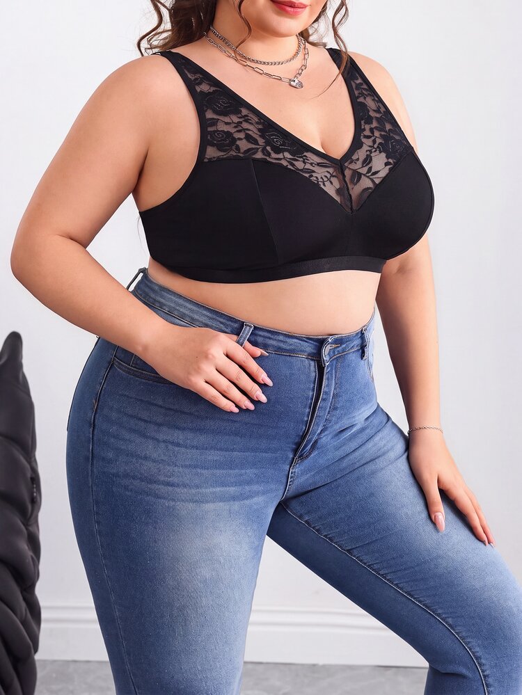 SHEIN CURVE+ Plus Size Solid Color Sheer Lace Insert Wireless Curved Top , Summer/Country/Beach Vacation - Black - View 6