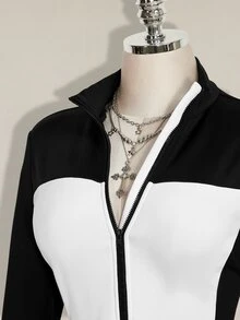 SHEIN ICON Plus Size Retro Y2K Black & White Colorblock Slimming Fitted Thermal Lined Ski Jumpsuit Fall - Black and White - View 11