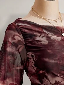 SHEIN ICON 女款大尺碼秋冬復古性感簡約優雅通勤風露肩抓皺喇叭袖酒紅花卉綁帶圖案網紗洋裝 - 彩色 - 查看 4