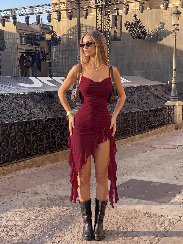 SHEIN ICON Summer Vacation Solid Color Draped Neck Floral Decor Ruffle Asymmetric Hem Spaghetti Strap Dress - Burgundy - View 1