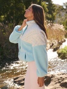 Aralina Leisurewear Active Aqua Spot Plush Sherpa Stripe Teddy Funnel Neck 3/4 Snap Placket Polar Fleece Lined Cosy Warm Sweat Top Fall Winter Snow Jacket - Blue - View 9