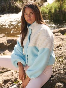 Aralina Leisurewear Active Aqua Spot Plush Sherpa Stripe Teddy Funnel Neck 3/4 Snap Placket Polar Fleece Lined Cosy Warm Sweat Top Fall Winter Snow Jacket - Blue - View 8