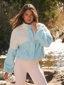 Aralina Leisurewear Active Aqua Spot Plush Sherpa Stripe Teddy Funnel Neck 3/4 Snap Placket Polar Fleece Lined Cosy Warm Sweat Top Fall Winter Snow Jacket - Blue - View 6