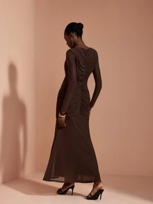 JIAN LASALA Mesh Long Sleeve V Neckline Ruched Mermaid Hemline Long Dress Elegant Party Vacation - Coffee Brown - View 2